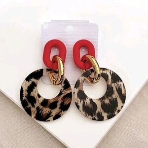 Leopard Earrings Pink Black 80s Style Round Boho Hoop 1980s Bohemian Jewelry